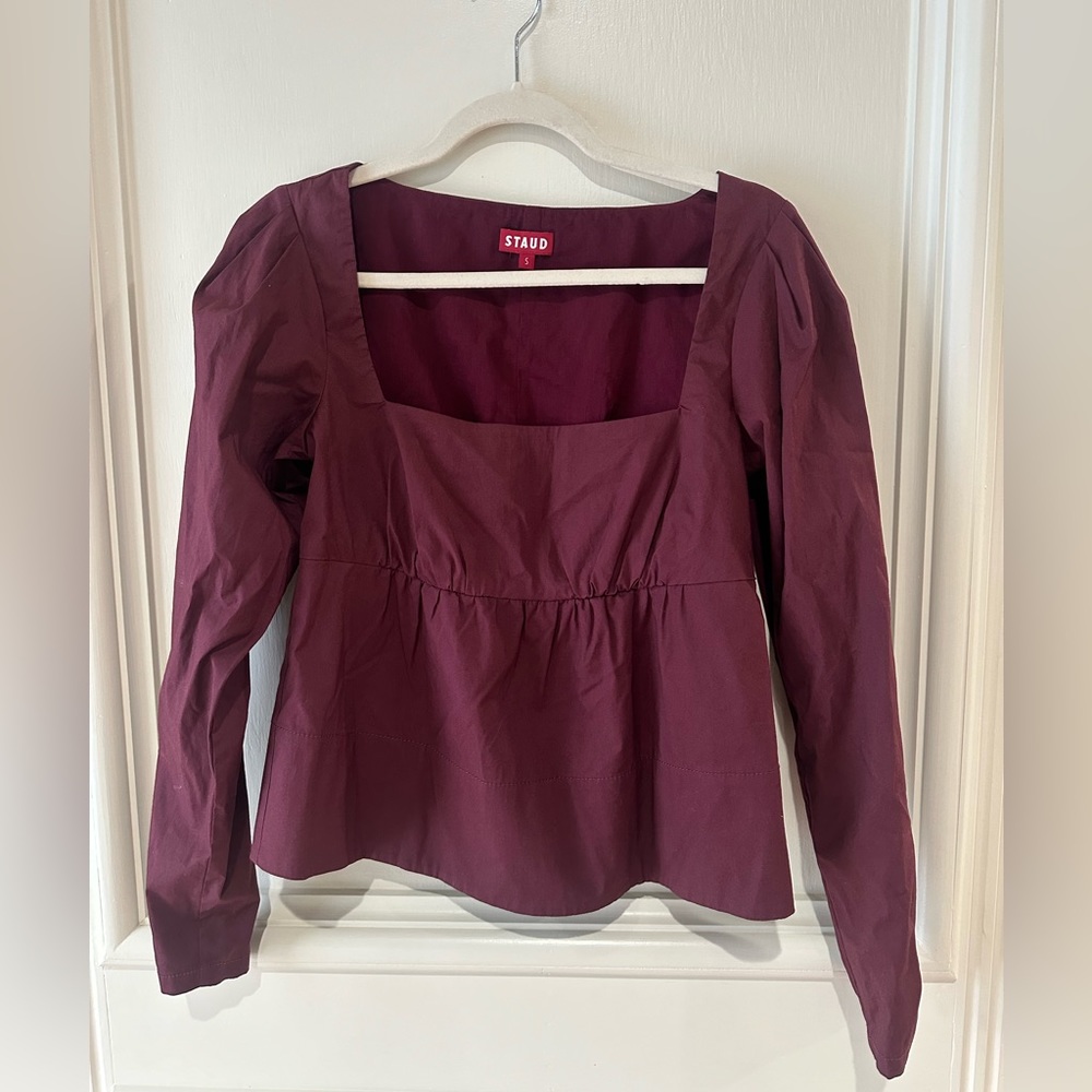 STAUD Peggy Babydoll Blouse Plum Purple Square Neck XS NWT Empire Sleeve Top - Picture 2 of 5